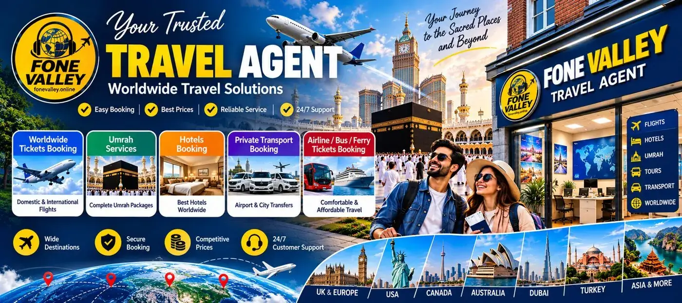 Travel agent in Glasgow at Fonevalley: flights, Umrah services, hotels, private transport and worldwide travel