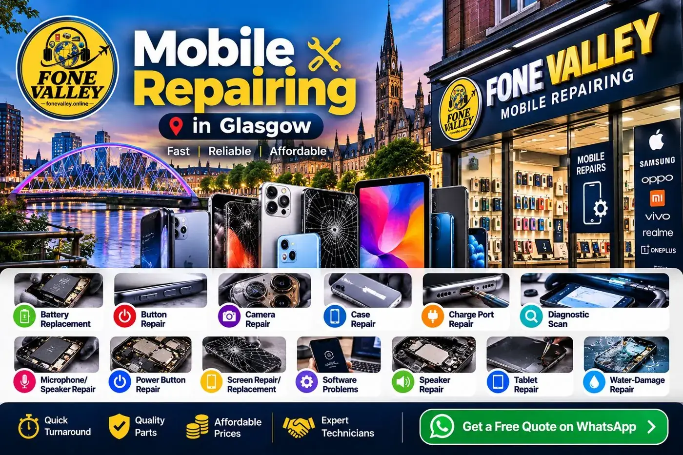 Mobile phone repairing in Glasgow at Fonevalley: screen, battery, charge port, camera and water-damage repairs for iPhone, Samsung, Oppo and more