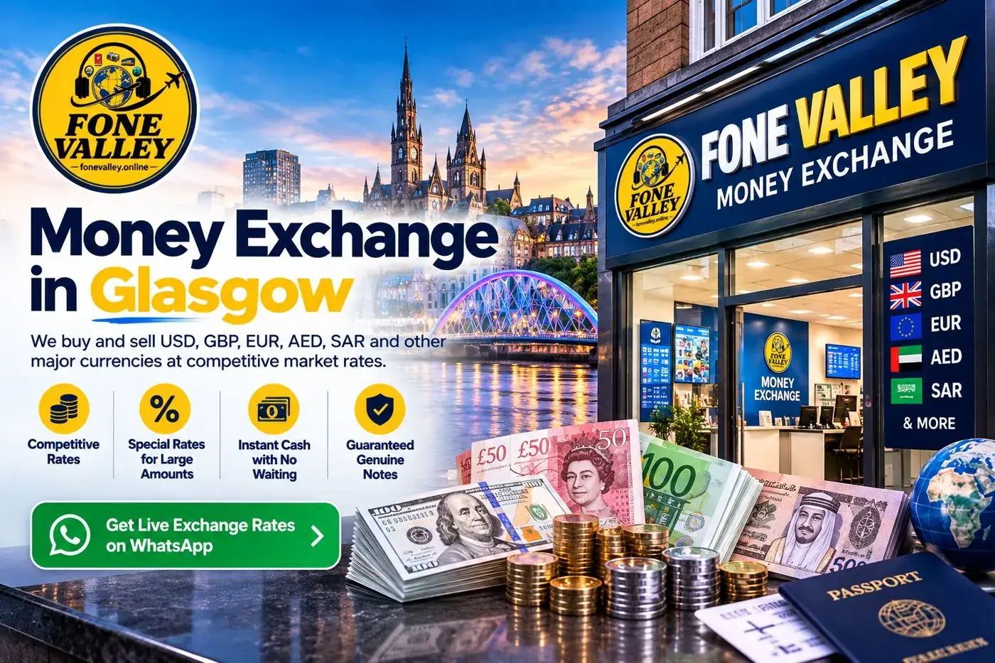 Money Exchange in Glasgow at Fonevalley: buy and sell USD, GBP, EUR, AED, SAR and more at competitive rates